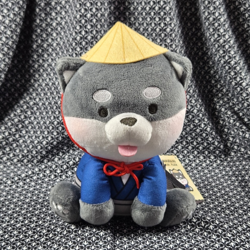 NWT Fukuya Shiba Inu Samurai Plush Toy Samurainu Mascot Toy Grey Dog in Kimono